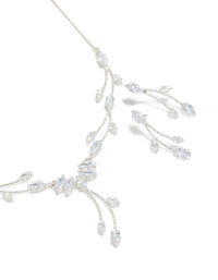 This elegant silver floral leaf vine Y-necklace and earrings set features intricate botanical details close up view - link has visual effect only