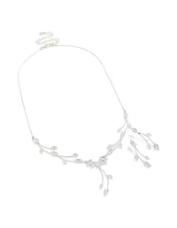 Showcasing a silver floral leaf vine Y-necklace and earrings set with botanical inspired design front view - link has visual effect only