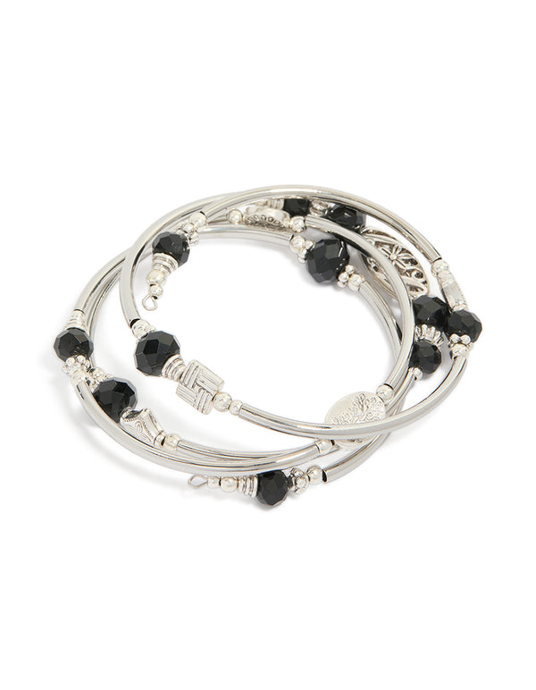 Featuring beaded textured bracelet pack in silver and black front view