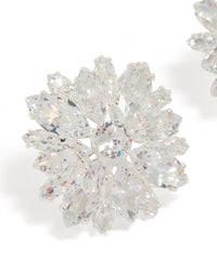 Elegant silver plated cubic zirconia flower cluster stud earrings featuring floral design in clear close up view - link has visual effect only