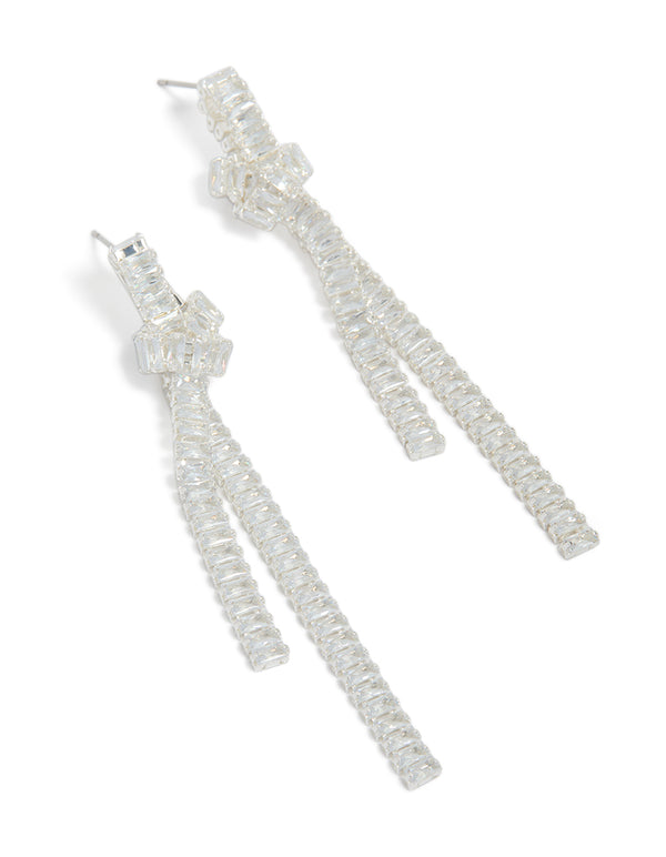 Elegant silver plated cubic zirconia baguette knot drop earrings with clear stones front view
