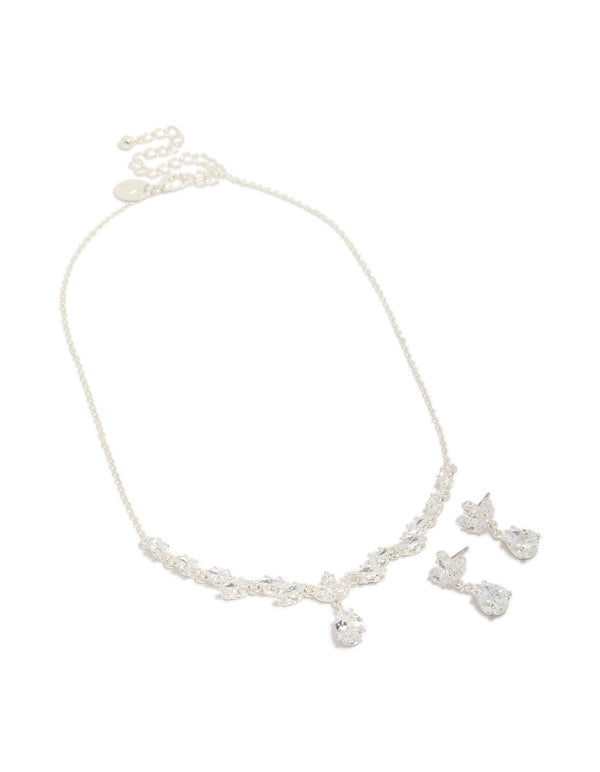 Silver Plated Large Vine Cubic Zirconia Necklace & Earrings Set