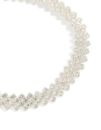 Highlighting the diagonal round cubic zirconia pattern of this silver plated bracelet close up view - link has visual effect only