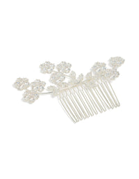 Featuring a floral cubic zirconia cluster vine comb in silver front view - link has visual effect only