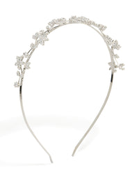 Elegant silver cubic zirconia headband with floral vine and leaf detail front view - link has visual effect only