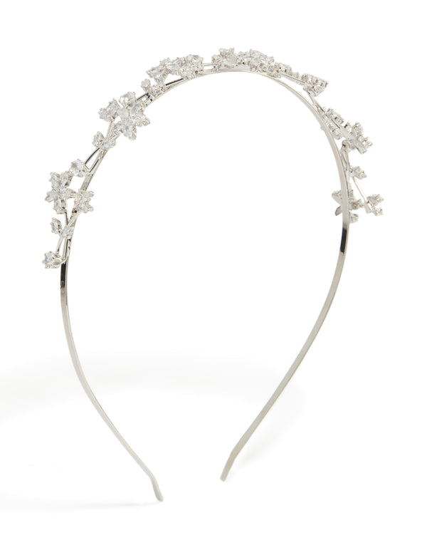 Elegant silver cubic zirconia headband with floral vine and leaf detail front view