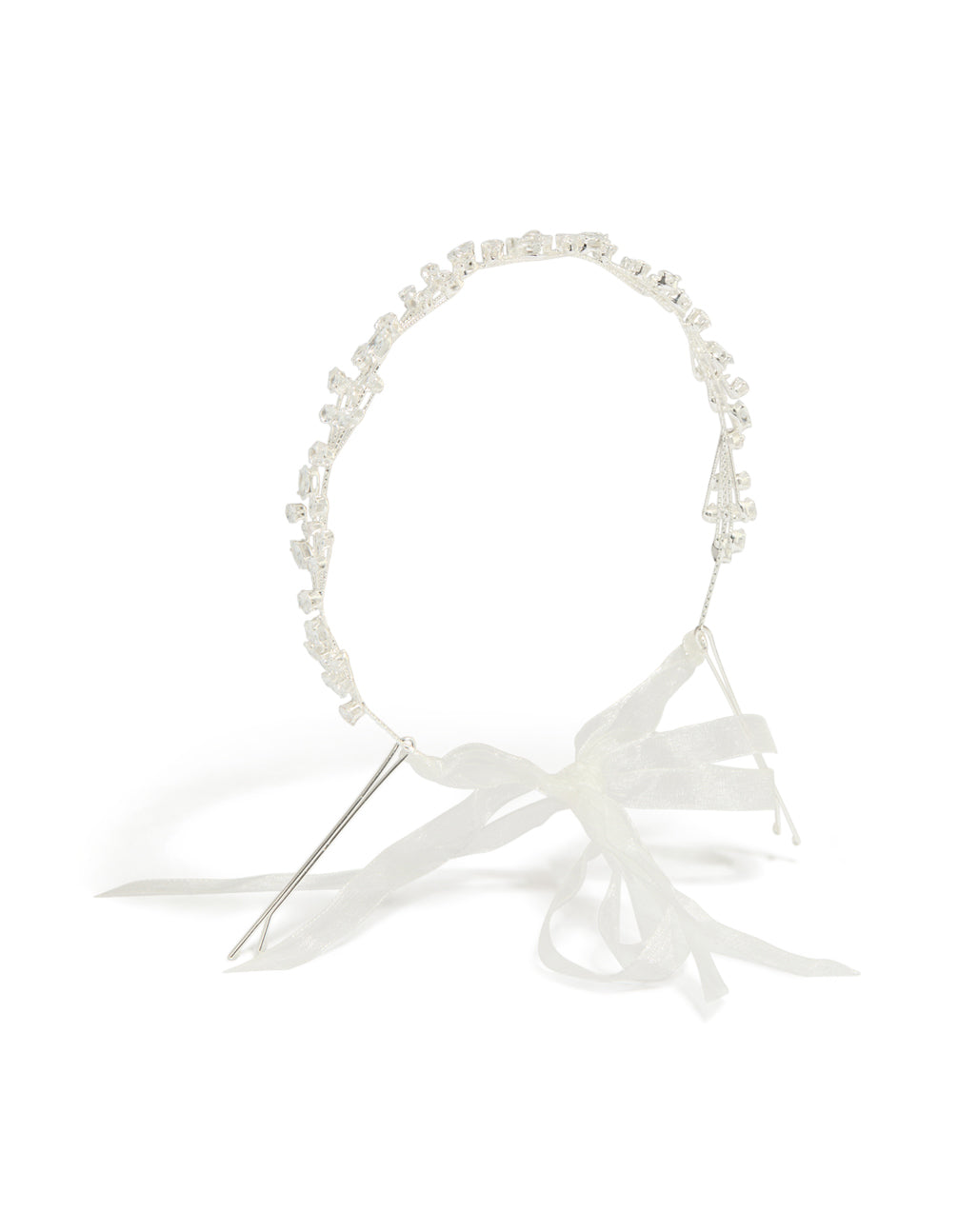 Showcasing a multi shaped cubic zirconia vine headband with bow in silver front view