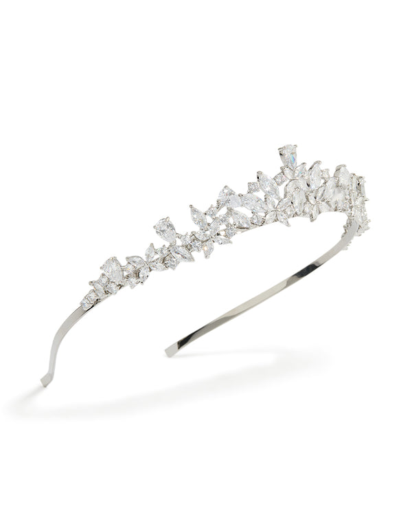 Elegant cubic zirconia mixed marquise floral crown in silver with clear stones side view