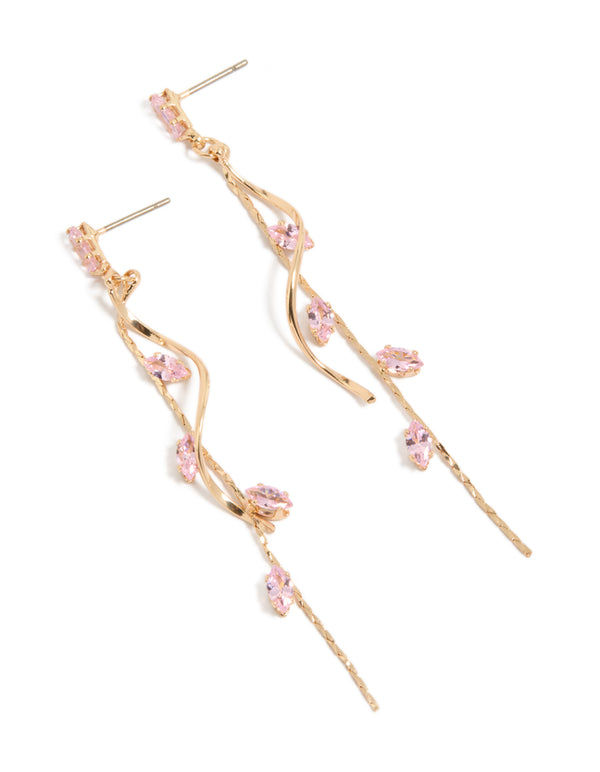 Crafted from gold with pink diamante swirl vine drop earrings front view