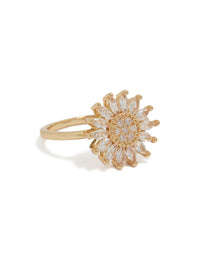 This stunning cubic zirconia daisy flower ring in gold with clear stones front view - link has visual effect only