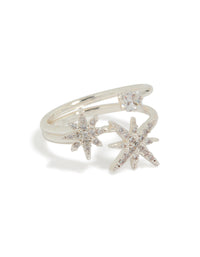 Stunning silver plated cubic zirconia celestial stone ring featuring starburst design front view - link has visual effect only