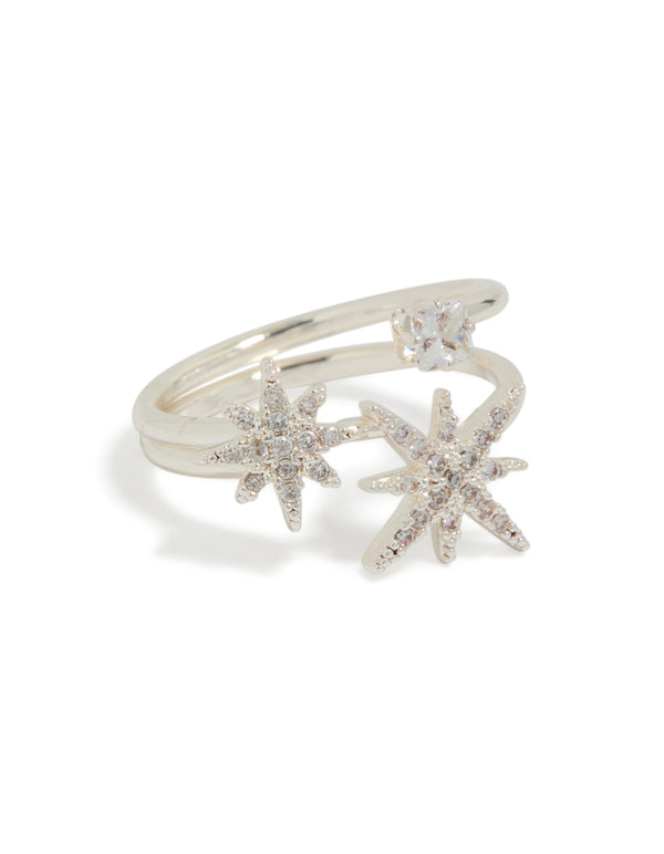Stunning silver plated cubic zirconia celestial stone ring featuring starburst design front view