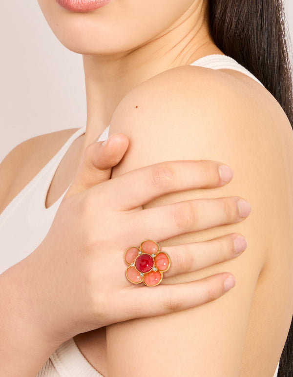 Gold Plated Statement Pink Stone Flower Ring
