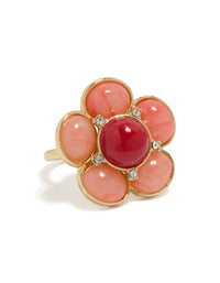 Showcasing a statement pink stone flower ring crafted from gold plated material with light coral and crimson accents front view - link has visual effect only