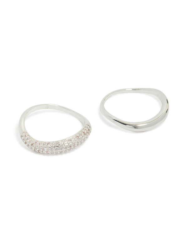 Showcasing silver plated cubic zirconia stacking rings in a 2-pack front view