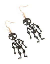 Statement drop earrings featuring heart eye skeleton in black and gold front view - link has visual effect only