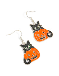 Showcasing silver drop earrings featuring black cat and pumpkin with orange and green enamel detailing front view - link has visual effect only