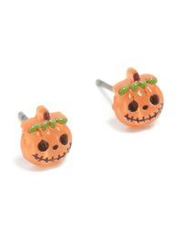Featuring orange acrylic pumpkin skull face stud earrings with food theme in green, black, and brown front view - link has visual effect only