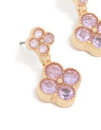 Beautifully crafted gold pink cubic zirconia double flower drop earrings close up view - link has visual effect only