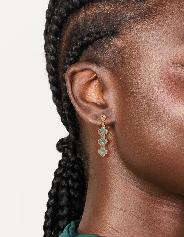 Gold Cubic Zirconia Blue Flower Drop Earrings