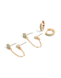 Showcasing floral chain huggie earrings pack featuring light blue cubic zirconia crystals in gold front view - link has visual effect only