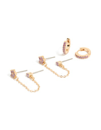 Showcasing dainty cubic zirconia chain flower and huggie earrings pack crafted from crystal in gold with stud closure front view - link has visual effect only