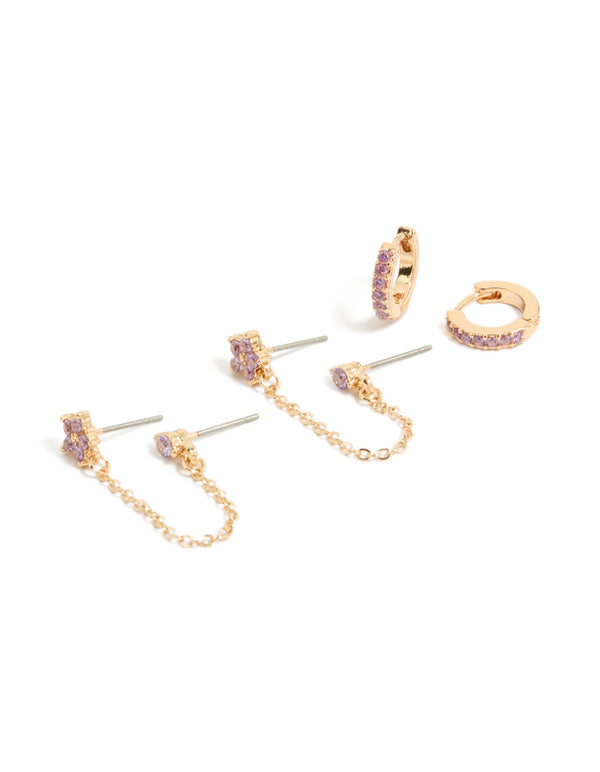 Showcasing dainty cubic zirconia chain flower and huggie earrings pack crafted from crystal in gold with stud closure front view