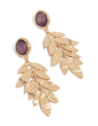 Showcasing statement drop earrings with purple beads, textured layered petals in gold front view - link has visual effect only