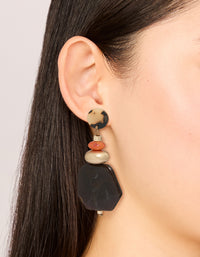 Explore gold acrylic stone drop threader earrings with beads in statement style on ear view - link has visual effect only