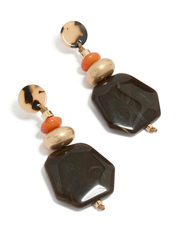 Discover gold acrylic stone drop threader earrings featuring beads in statement style front view