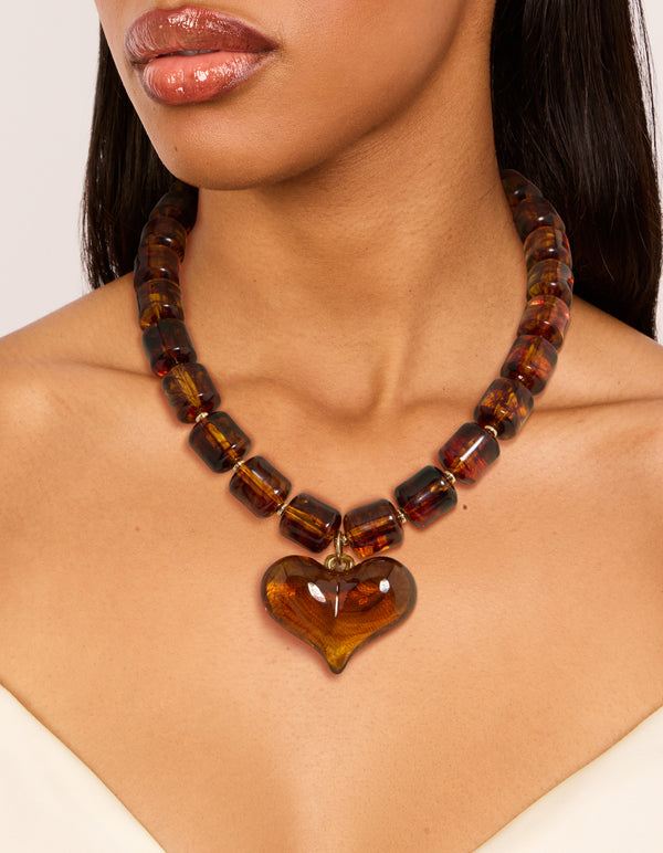 Brown Square Bead & Heart Pendant Necklace