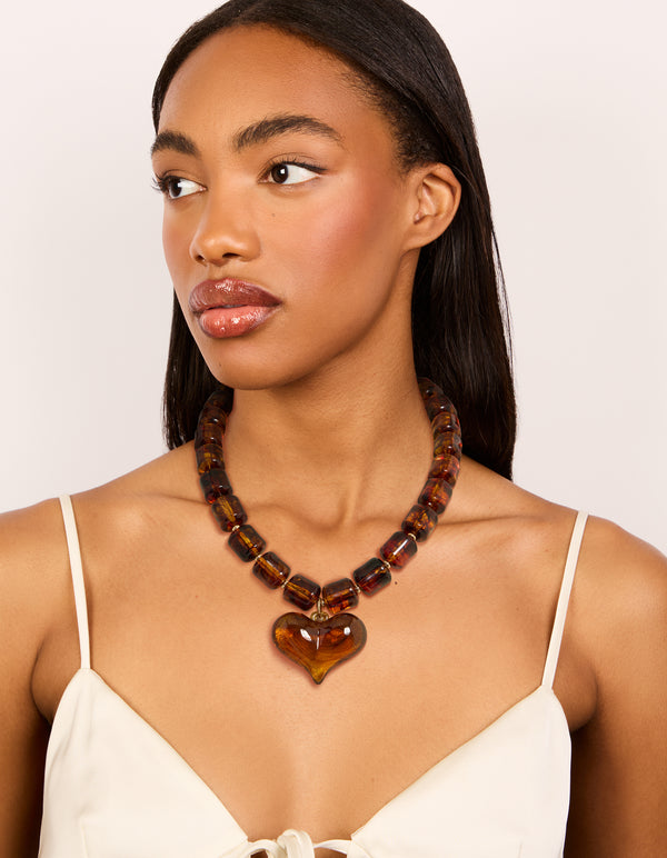 Brown Square Bead & Heart Pendant Necklace