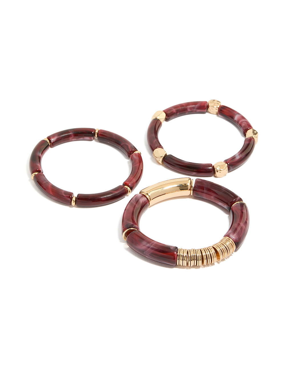 Showcasing mixed burgundy resin and gold stretch bracelets with beads in a 3-pack front view