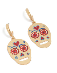 Showcasing fun skull drop earrings featuring floral details, heart accents, and charm elements in gold front view - link has visual effect only