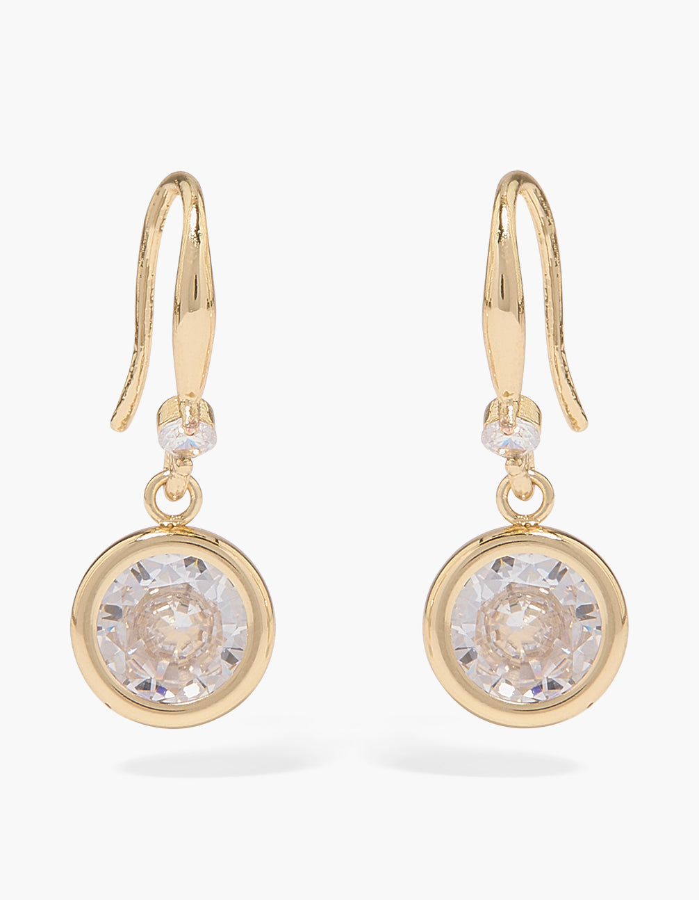 Elegant waterproof stainless steel cubic zirconia solitaire bezel set drop earrings in gold and clear front view