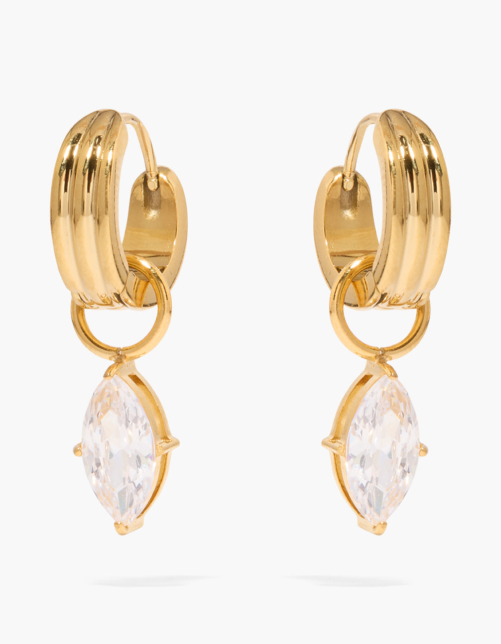 Showcasing waterproof ribbed huggie earrings crafted from gold plated stainless steel with marquise cut cubic zirconia crystal in clear front view