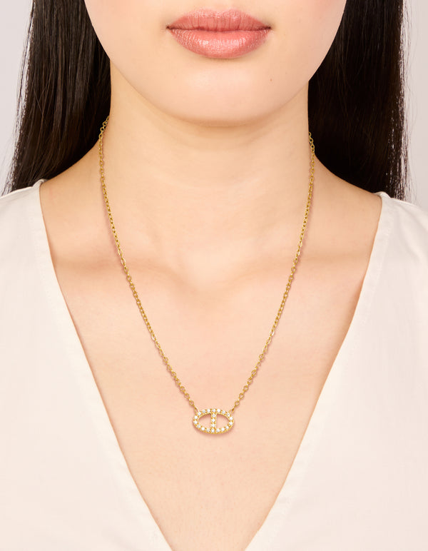 Waterproof Gold Plated Stainless Steel Cubic Zirconia Oval Pendant Necklace