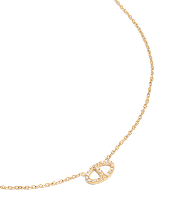 Showcasing a waterproof stainless steel cubic zirconia oval pendant necklace with gold plated finish close up view