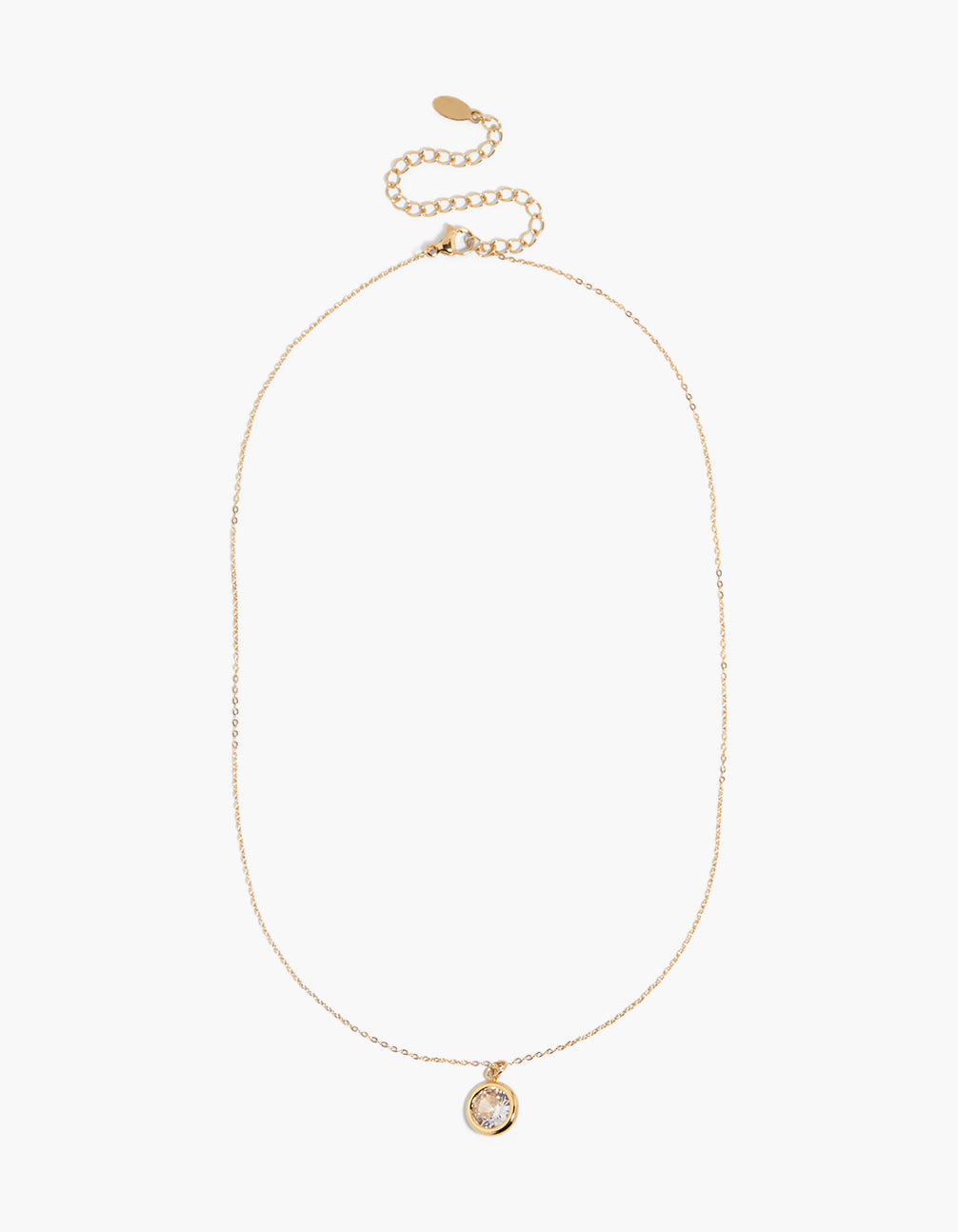 Presenting a waterproof slider bezel necklace in gold plated stainless steel with cubic zirconia and adjustable clasp detail front view