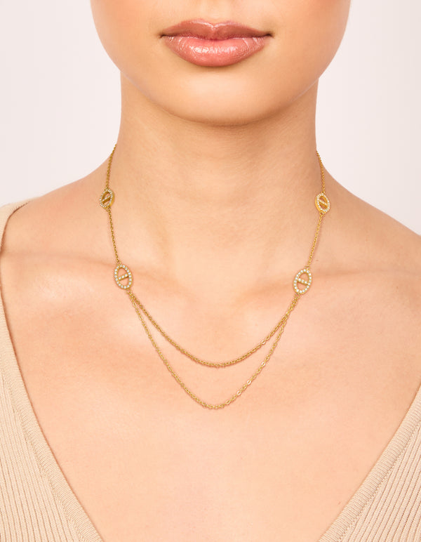 Waterproof Gold Plated Stainless Steel Cubic Zirconia Oval Double Chain Necklace