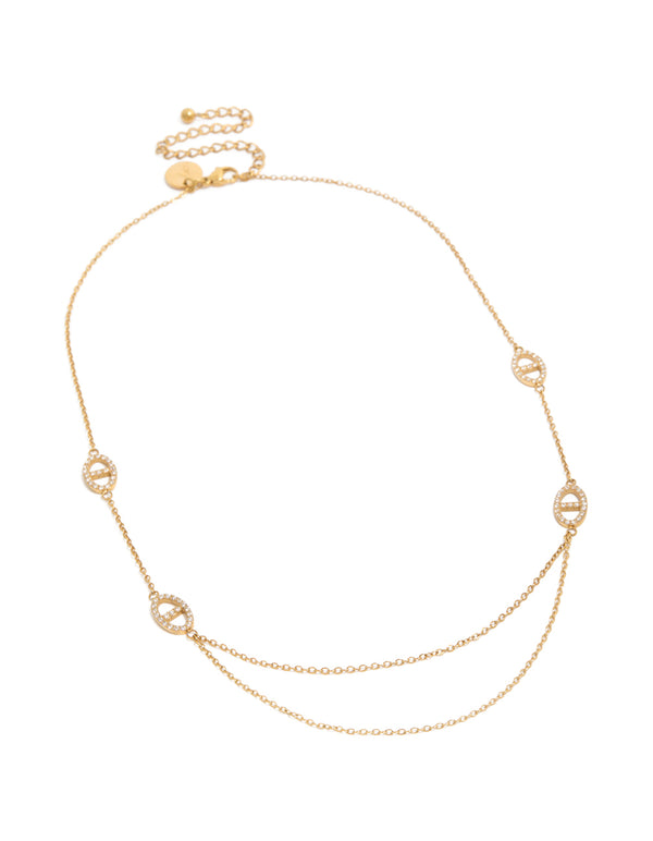 Discover a waterproof double chain necklace in stainless steel with gold plating, featuring oval design with cubic zirconia stones front view