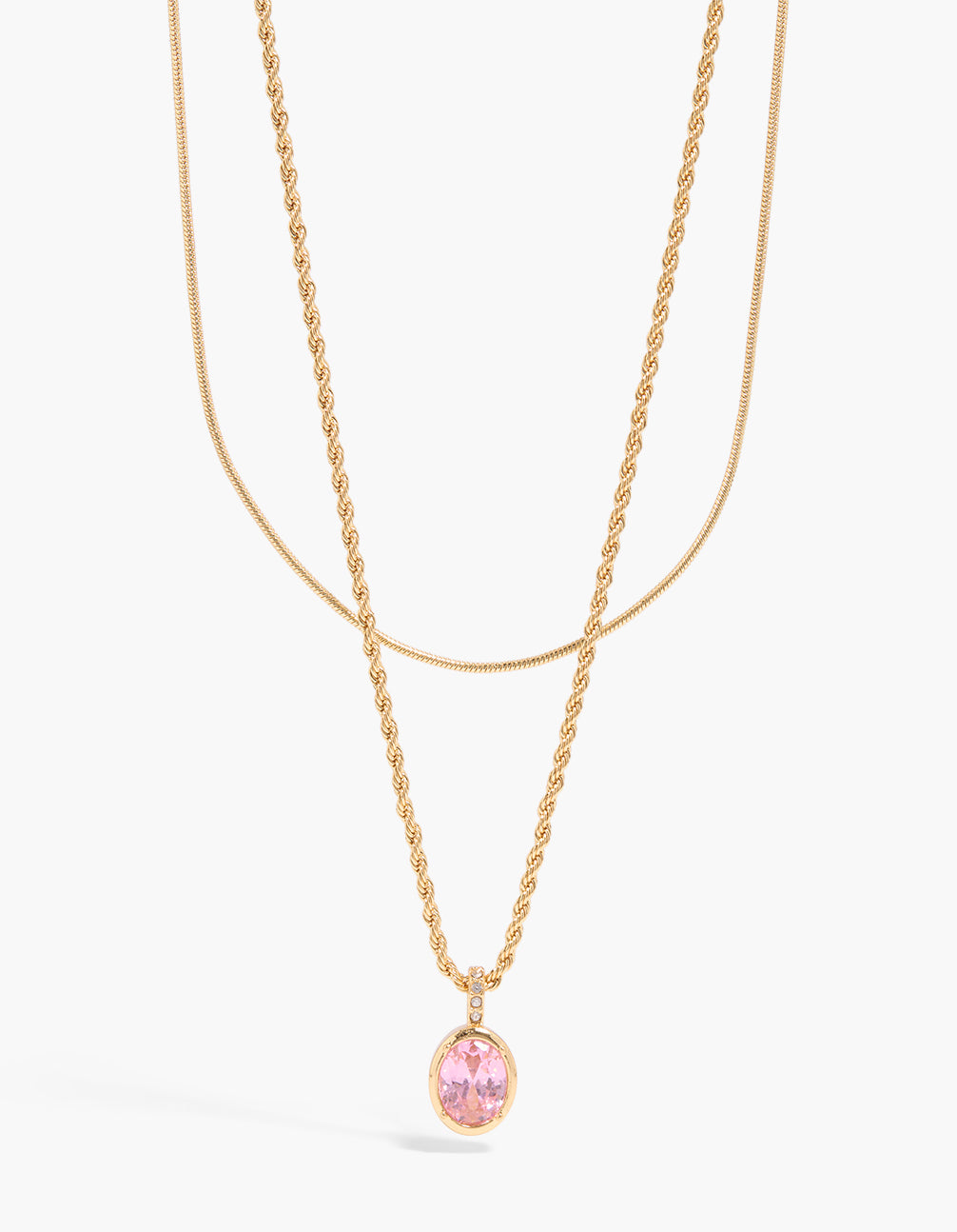Showcasing a waterproof twisted layered necklace with cubic zirconia in pink and stainless steel gold plated front view