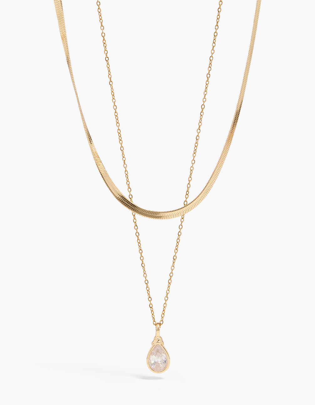 Discover this waterproof snake chain necklace with bezel pear cubic zirconia pendant, crafted from gold plated stainless steel, featuring crystal accents and layered design close up view