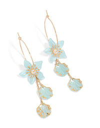 Showcasing gold aqua blue flower petal drop hoop earrings featuring charm and floral details front view - link has visual effect only