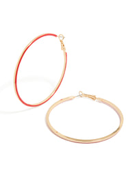 Showcasing gold outline red enamel hoop earrings with closure in front view - link has visual effect only