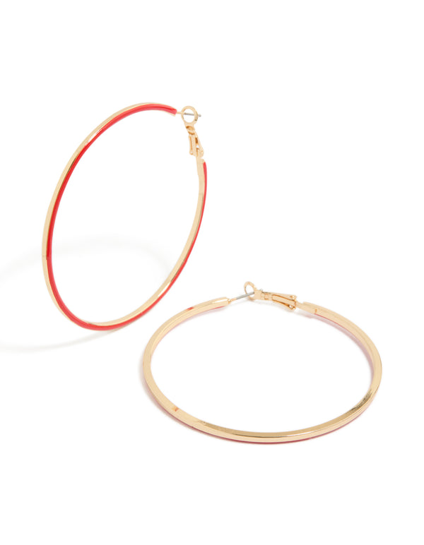 Showcasing gold outline red enamel hoop earrings with closure in front view
