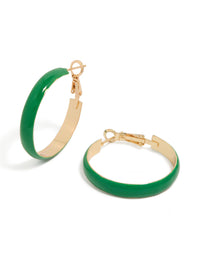 Showcasing simple green enamel hoop earrings in gold closure front view - link has visual effect only