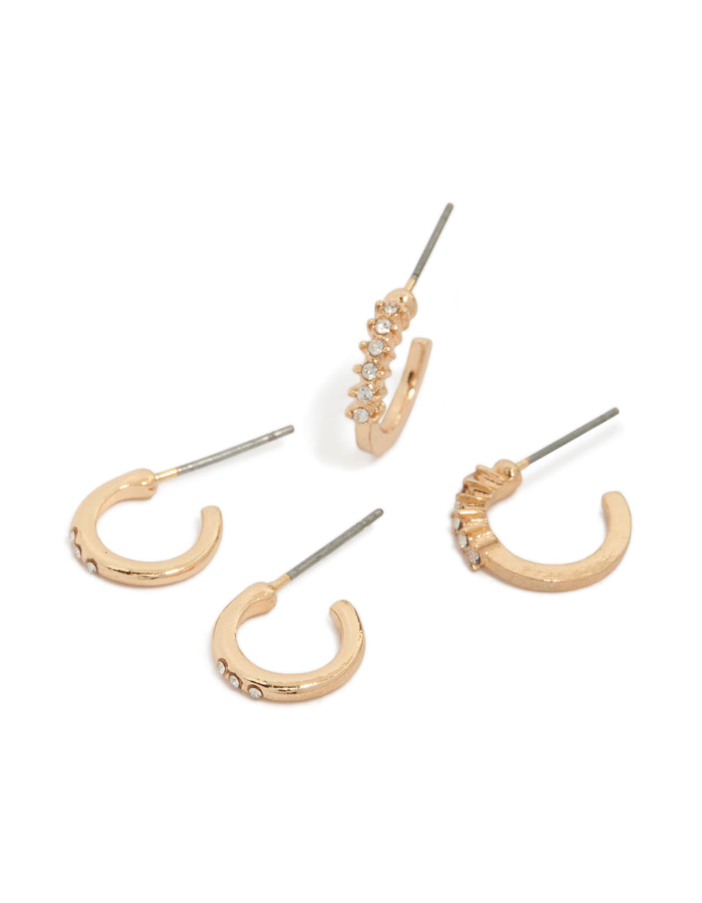 Showcasing gold simple diamante huggie earrings in a 2-pack with huggie closure front view