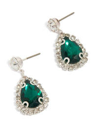 Showcasing teardrop shaped statement drop earrings in silver with diamante outline and green gemstone front view - link has visual effect only