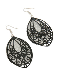 Showcasing statement drop earrings featuring lace pattern with glitter accents in black and silver front view - link has visual effect only